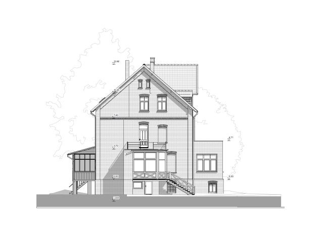 Westansicht eines denkmalgeschützten Gutshofgebäudes in Anderten basierend auf 3D-Laserscanning.
