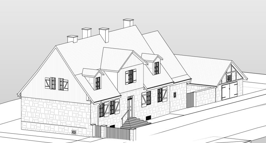 3D-Strichzeichnung des Eingangsbereichs des Aufseherhauses am Herkules "3D-Strichzeichnung des Eingangsbereichs des Aufseherhauses am Herkules, maßgenaue Schwarz-Weiß-Darstellung, historische Tuffsteinfassade