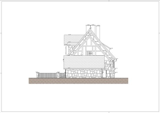 Nordansicht des Aufseherhauses am Herkules. Die Darstellung zeigt die charakteristische Fassadengliederung. "3D-Strichzeichnung Nordansicht des Aufseherhauses am Herkules – maßgenaue Schwarz-Weiß-Darstellung der historischen Fassade."