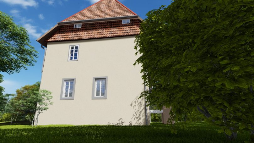Fotorealistische 3D-Darstellung der Ostfassade der Wasserburg Gebhardshagen.