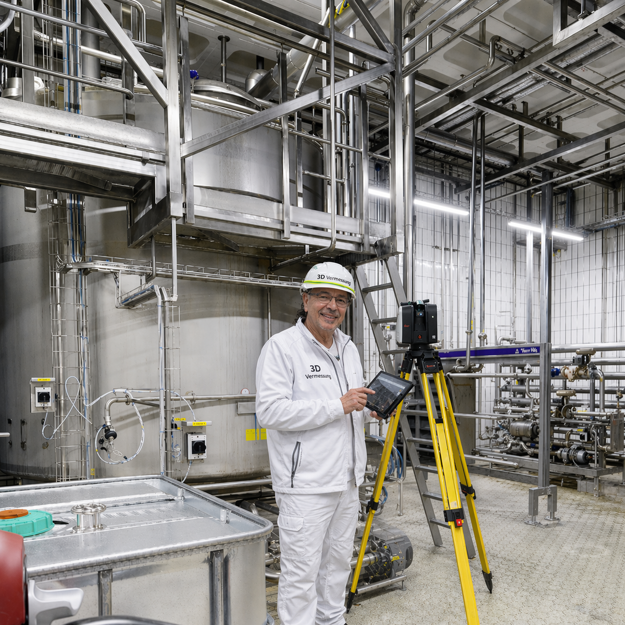 3D Laservermessung Industrieanlage mit Leica Scanner und Tablet – präzise Punktwolke vor Ort