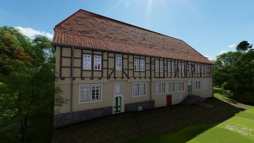 Fotorealistische 3D-Darstellung des Eingangsbereichs der Wasserburg Gebhardshagen.