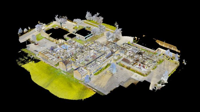 Dollhouse-Ansicht der Oberschule Söhlde aus der Punktwolke mit Innenräumen und Gebäudestruktur