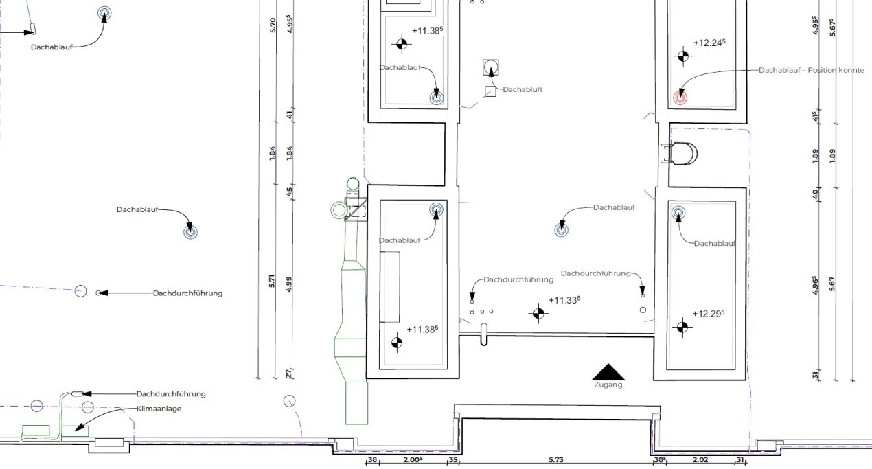Ausschnitt aus dem Dachgrundriss des Pharmaziegebäudes der Universität Braunschweig mit Dachabläufen, Dachdurchführungen und Höhenkoten