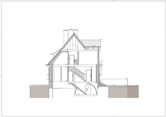 Querschnitt A–A des Aufseherhauses am Herkules. Zeigt die vertikale Gebäudegeometrie, die Raumhöhen sowie die konstruktiven Strukturen "Querschnitt A–A des Aufseherhauses am Herkules – technische Schwarz-Weiß-Darstellung der historischen Gebäudestruktur."