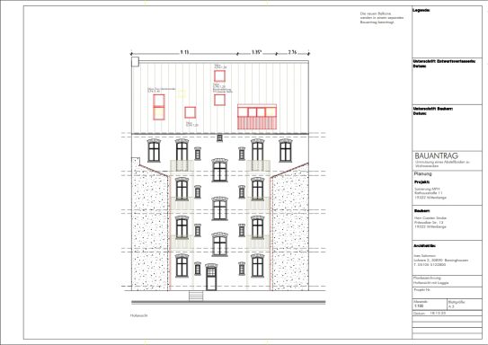 Bauantrag - Rückansicht mit Antrag auf neue Balkone, Dachloggia und Dachflächenfenstern