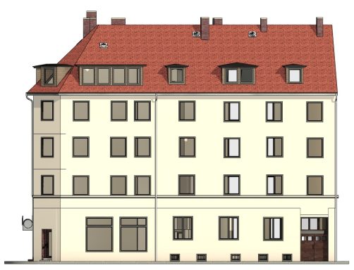 Fassade eines Gebäudes in Hannover mit Dach und Gauben als 3D-Modell basierend auf Laserscanning und Bestandsvermessung
