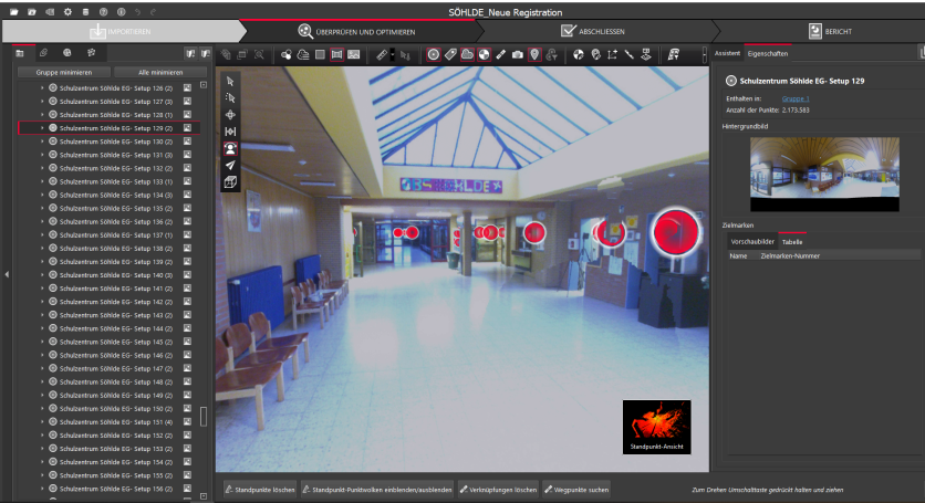 Panorama aus Leica Cyclone REGISTER 360 der Oberschule Söhlde mit sichtbaren Scannerstandpunkten und erfassten Innenraumdaten