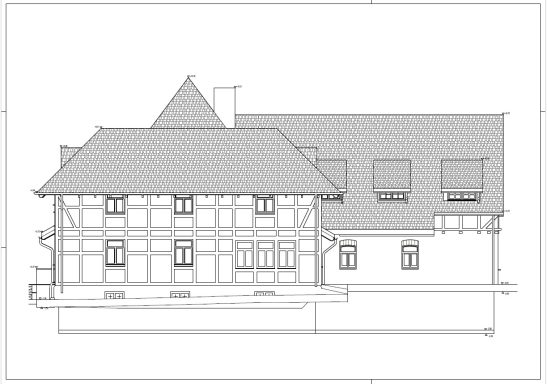 Nordfassade eines historischen Bauernhauses in Isernhagen mit Fachwerk- und Ziegelstruktur, abgeleitet aus einer 3D-Laserscan-Vermessung.