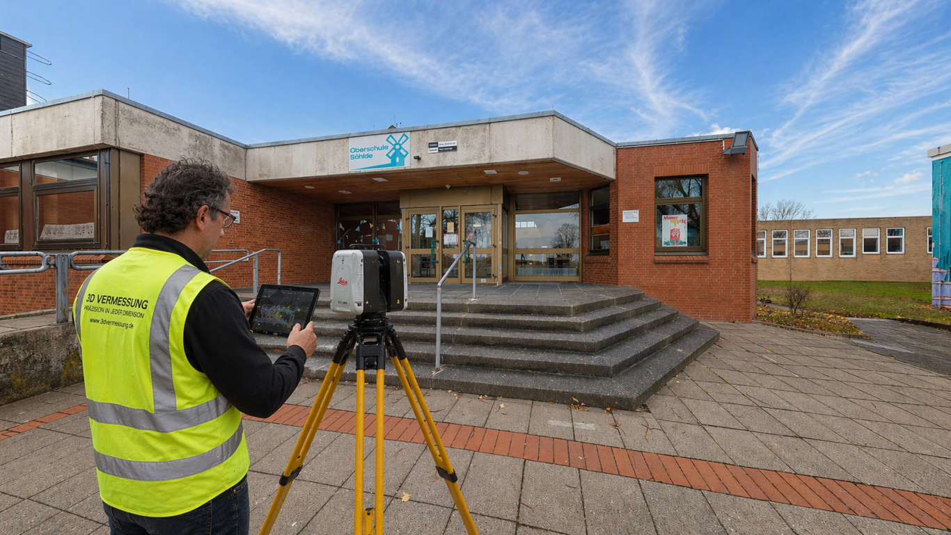 3D Laservermessung Schulzentrum Söhlde – Eingang mit Leica Scanner erfasst, präzise Bestandsaufnahme vor Ort