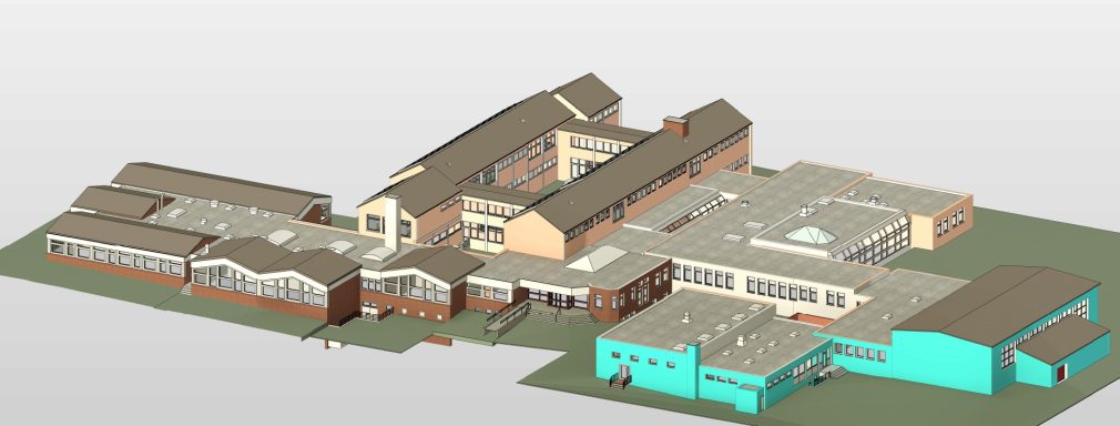 3D-Bestandsmodell der Oberschule Söhlde mit Schulgebäude, Turnhalle und Fachraumbauten