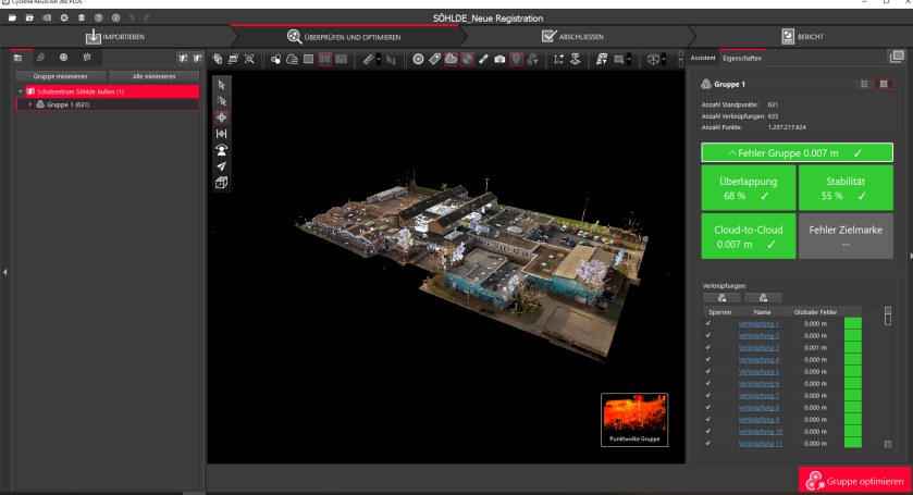 Fusion von Drohnen‑ und Laserscan‑Daten in Leica Cyclone Register 360 – komplette Punktwolke der Gebäudevermessung nach 3D‑Erfassung mit RTK