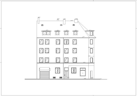 Fassadenansicht West eines Gebäudes in Hannover als Bestandsplan basierend auf 3D-Laserscanning