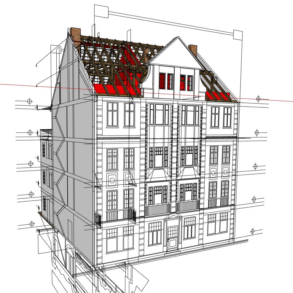 3D-BIM-Modell eines denkmalgeschützten Gebäudes in Wittenberge – digitale Bestandsvermessung und Planung 3D-BIM-Modell eines denkmalgeschützten Gebäudes in Wittenberge aus Laserscanning-Daten.