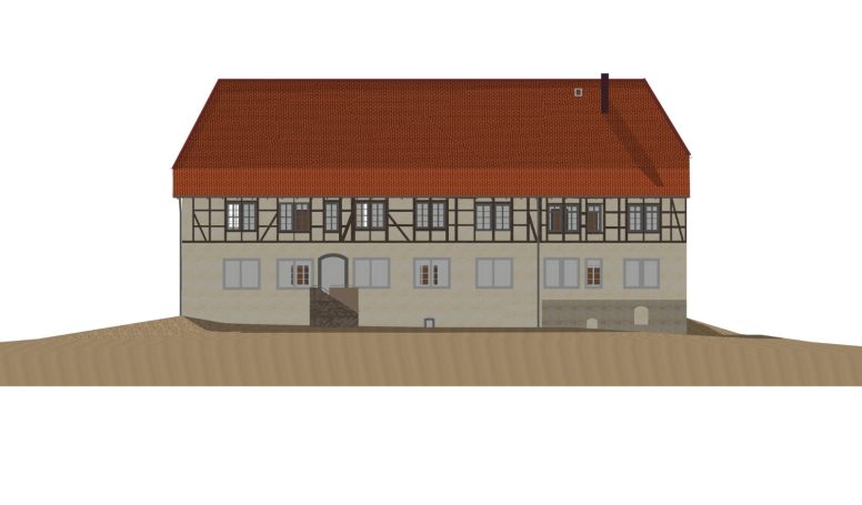 Digitale BIM-Ansicht der Gartenseite der Wasserburg Gebhardshagen.