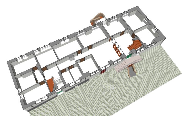 3D-Horizontalschnitt des Erdgeschosses der Wasserburg Gebhardshagen.