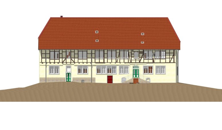 BIM-Modell der Eingangsseite der Wasserburg Gebhardshagen – digitale Bestandsmodellierung.