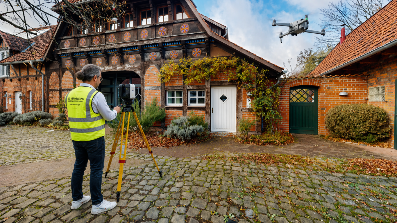 Bauernhaus in Isernhagen 3D Vermessung mit Leica RTC360 und Drohne Laserscanning Fassade Bestandsaufnahme