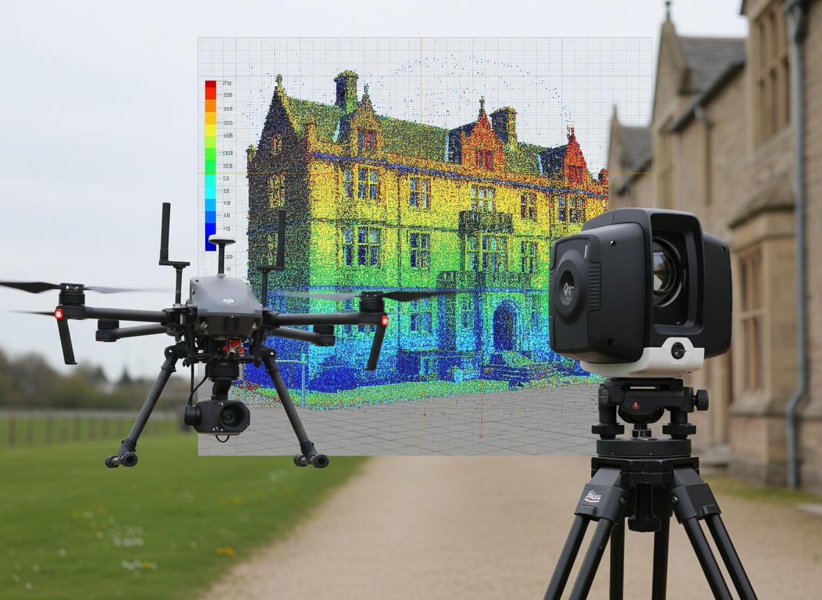 RTK‑Drohne und Leica RTC360 Laserscanner mit farbiger 3D‑Punktwolke. Zeigt die kombinierte Erfassung von Außen- und Innenbereichen für milli