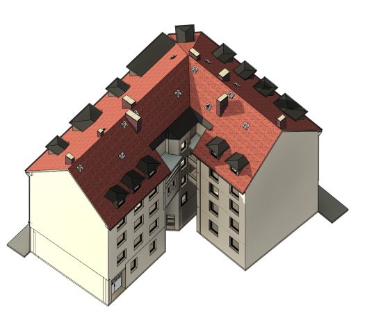 3D-Vermessung Mehrfamilienhaus Hannover – Fassadenansicht erstellt durch Laserscanning und Drohnenvermessung.