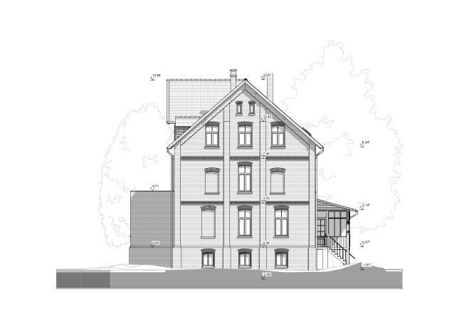 Ostansicht eines denkmalgeschützten Gutshofgebäudes in Anderten basierend auf 3D-Laserscanning.