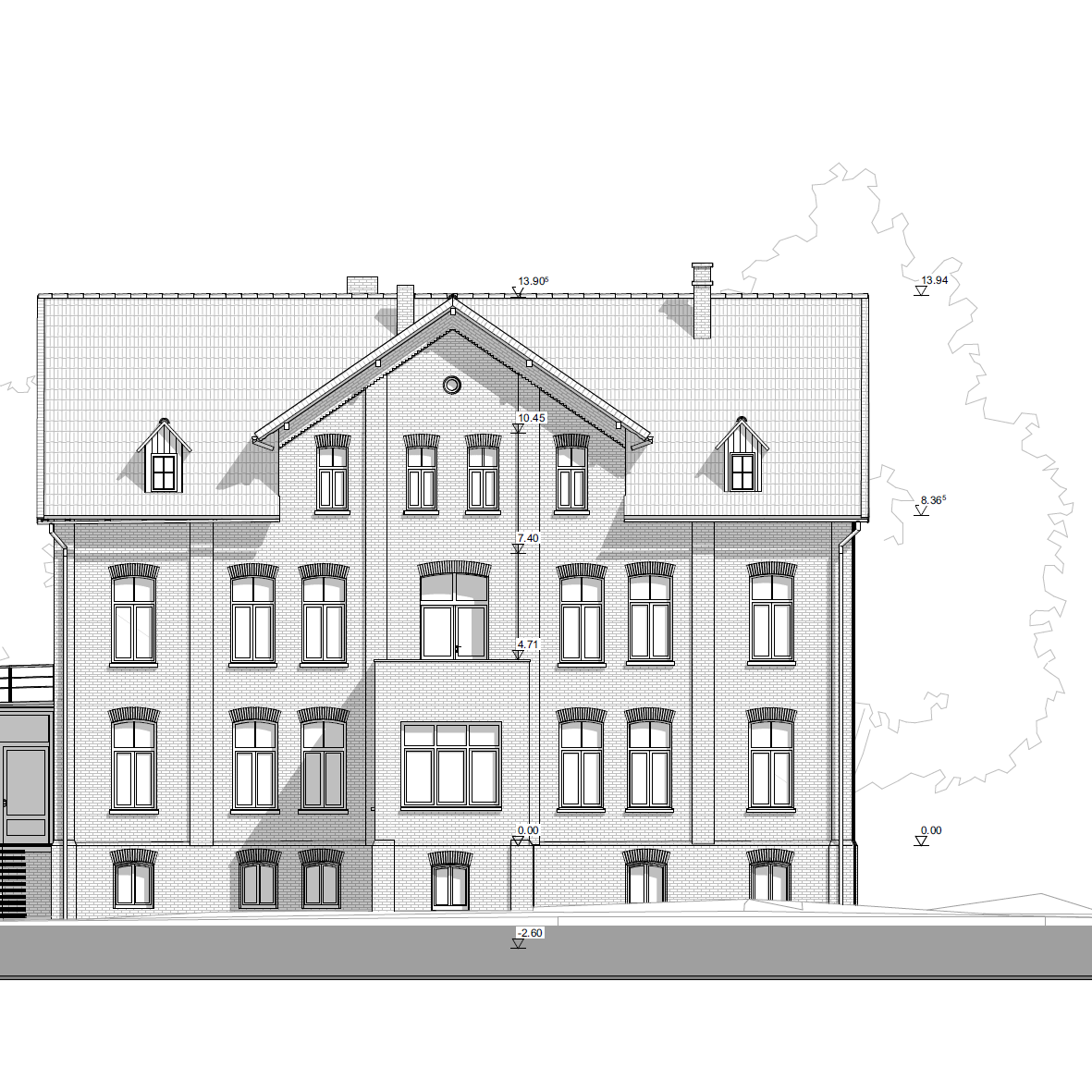Fassadenansicht eines denkmalgeschützten Gebäudes basierend auf 3D-Laserscanning-Daten.