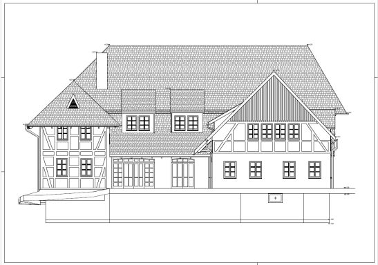 Ostansicht eines Bauernhauses in Isernhagen, maßgenau dokumentiert mittels 3D-Laserscan-Bestandsaufnahme.