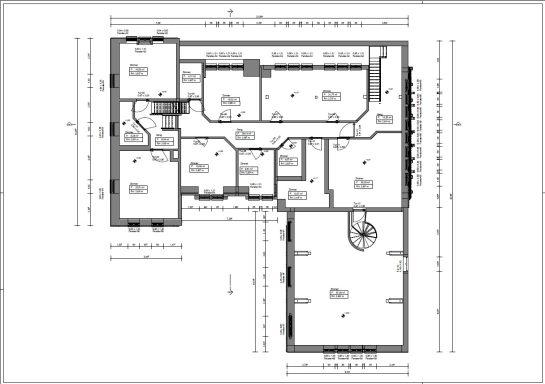 Grundriss des Obergeschosses eines Bauernhauses in Isernhagen mit Raumaufteilung, Wandstärken und Bemaßungen aus 3D-Laserscan-Daten.