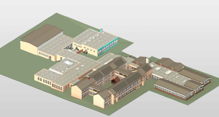 Perspektivische Ansicht des 3D-Bestandsmodells der Oberschule Söhlde mit mehreren Baukörpern