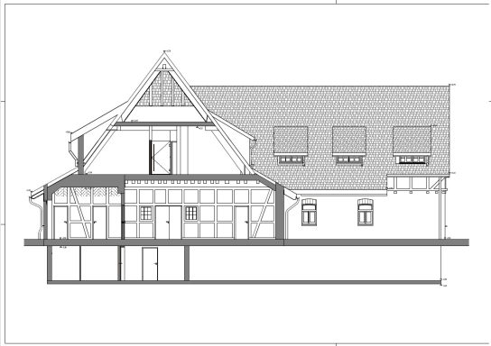 Querschnitt durch ein Bauernhaus in Isernhagen zur Darstellung der vertikalen Gebäudestruktur, erstellt aus 3D-Laserscan-Daten.